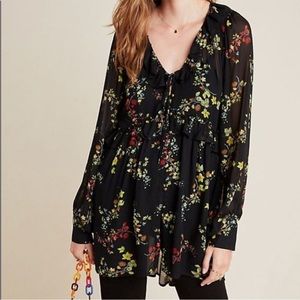 Anthropologie Jamison Black Floral Sheer Tunic With Ruffle Trim Dark Romance S